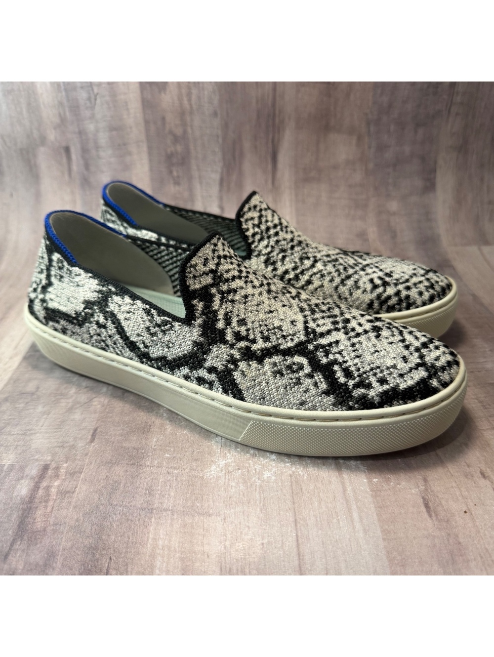 Rothy’s The Original Slip On Sneaker Women's 7 Black & White Python Snake Print